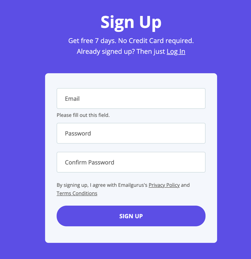 Emailgurus Signup page